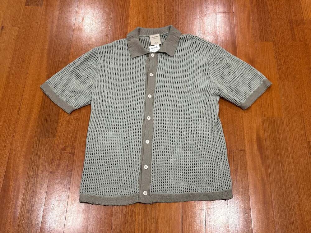 Massive Luxury Sage Green Open Knit Short Sleeve Button Down Shirt Size XL